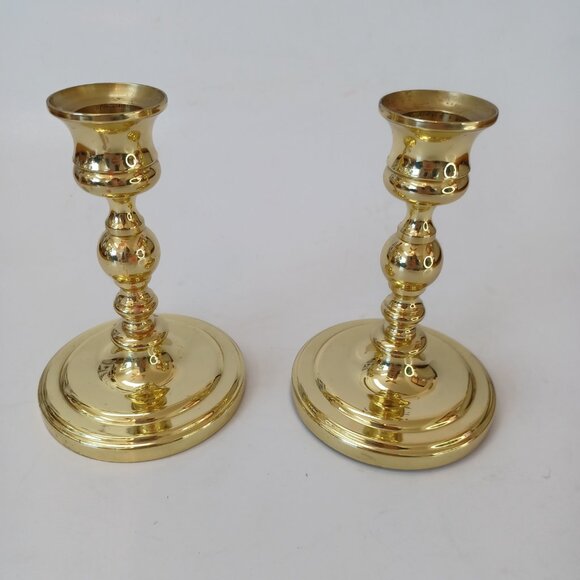 Baldwin Brass Candlesticks Holders 5" Height Vintage Set of 2 Round Base - Picture 2 of 9